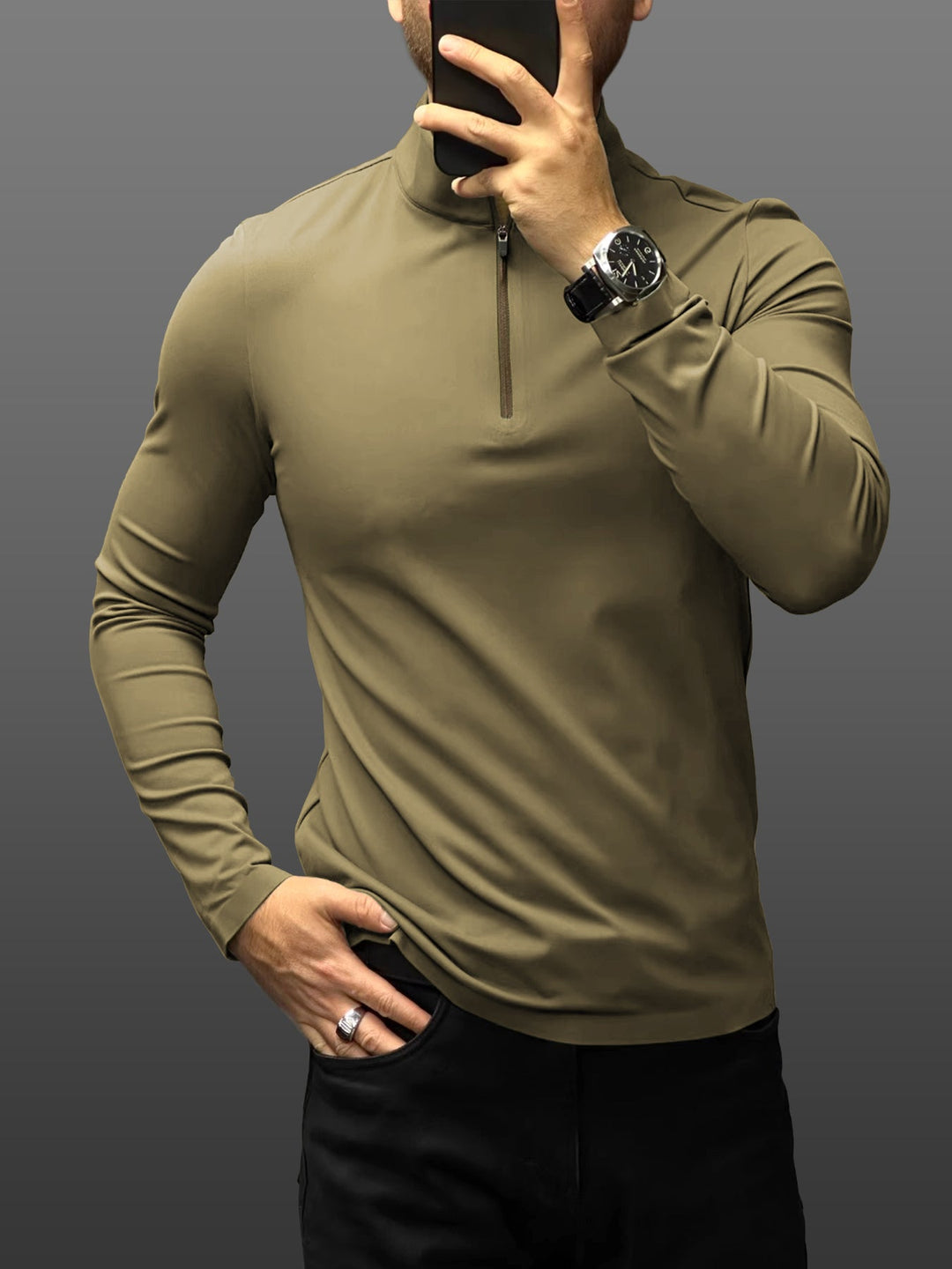 SmoothBlend Slim Fit Half Zip Mock Neck Tee: Zip Contrast Color