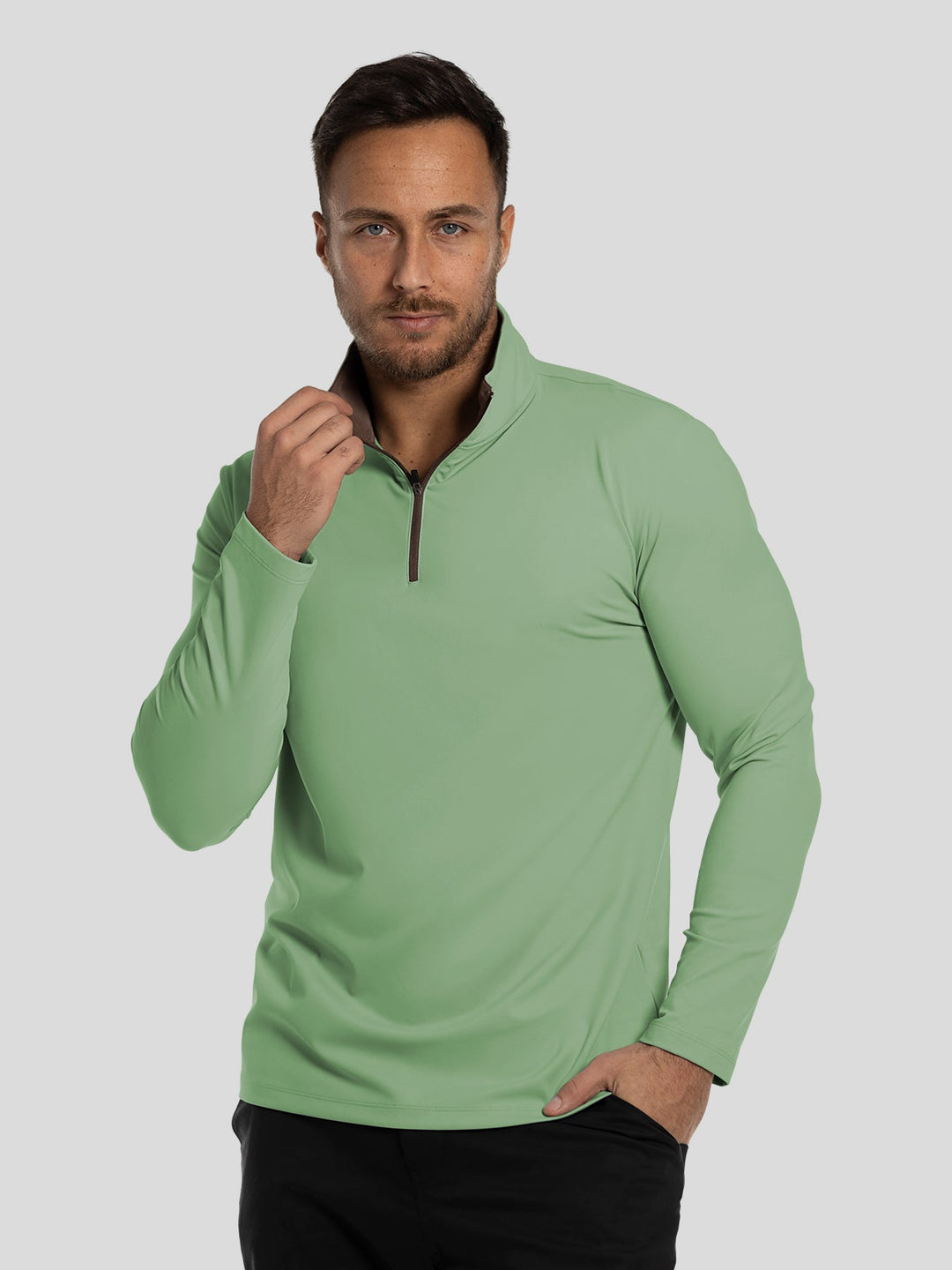 SmoothBlend Slim Fit Half Zip Mock Neck Tee: Zip Contrast Color