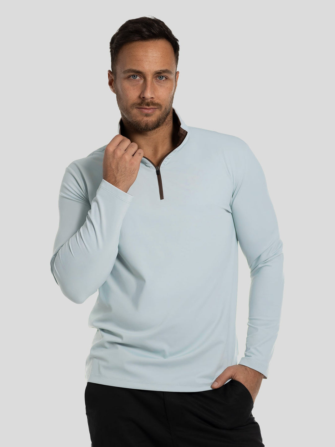 SmoothBlend Slim Fit Half Zip Mock Neck Tee: Zip Contrast Color