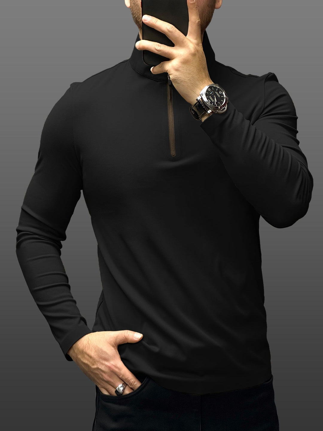 SmoothBlend Slim Fit Half Zip Mock Neck Tee: Zip Contrast Color