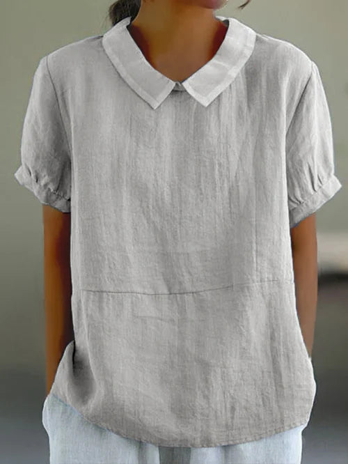 Women's Linen Short Sleeve Collared Blouse