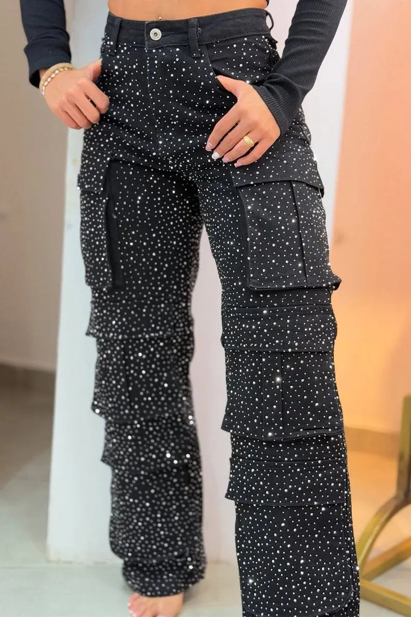 Ava | Crystal-Studded Cargo Jeans